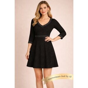 Max Studio Black White Polka Dot V-Neck Fit Flare Dress Medium 3/4 Sleeve Knit